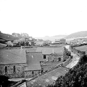 General view of the town and beach from the railway embankment, Perranporth, Perranzabuloe, Cornwall. Early 1900s