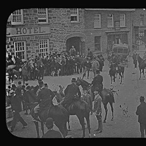 A hunt meet outside the Commercial Hotel, Newquay, Cornwall. Early 1900s