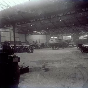 Interior of Princes Garage with vehicles, H. T. P. Motors Ltd, Truro, Cornwall. Early 1920s