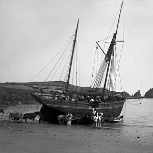 Ketch Elizabeth loading cargo at Mother Iveys Bay, St Merryn, Cornwall. Early 1900s