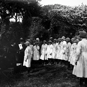 Members of the First World War Womens Land Army in their passing out parade. Tregavethan Farm, Truro, Cornwall. 28th May 1918