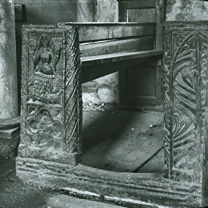 The Mermaid of Zennor bench end in Zennor Church, Cornwall. Around 1925