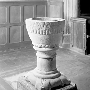 The Norman font, Church of St Sithney, Sithney, Cornwall. April 1935
