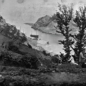 Picnic party on Cliffs, Polperro, Cornwall. Probably early 1860s