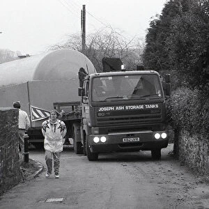 Restormel Road jammed by Lorry, Lostwithiel, Cornwall. March 1993