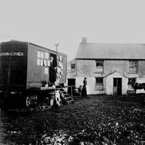 Samuel John Goviers photographic van by an unidentified cottage, presumably in West Cornwall. Early 1900s