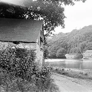A topsail schooner beached at Lerryn, St Veep, Cornwall. Early 1900s