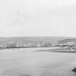View of the town and the promenade from the cliff near Droskyn, Perranporth, Perranzabuloe, Cornwall. Early 1900s