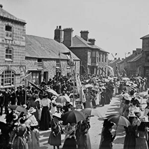 Wesleyan Sunday School procession entering Market Square, St Just in Penwith, Cornwall. Early 1900s