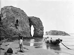 Images Dated 12th October 2018: Arch Rock and Chapel Rock (including Lion Rock), Perranporth, Perranzabuloe, Cornwall. Early 1900s