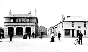 Bank Square, looking towards the Consolidated Bank of Cornwall and Chapel Street, St Just in Penwith, Cornwall. Early 1900s