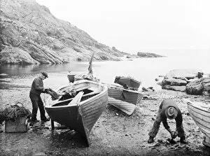 Images Dated 16th July 2018: Beach at Portloe with six boats and fishermen working, Veryan, Cornwall. 1912