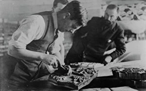 St Ives Collection: Carving a printing block at Crysede Island Works, St Ives, Cornwall. Probably 1930s