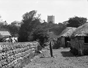 St Merryn Collection: Distant view of St Merryn Church with horse and trap and figure from Treveglos, St Merryn