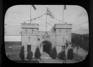 Exhibition entrance, Cornwall County Fisheries Exhibition, Truro, Cornwall. July to August 1893