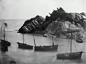 Polperro Collection: Fishing boats off Chapel Rock, Polperro, Cornwall. Probably 1860s-1870s