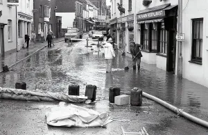 Flooding, Queen Street, Lostwithiel, Cornwall. November 1986