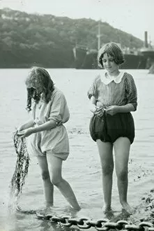 Feock Collection: Two girls paddling, King Harry Ferry, Feock, Cornwall. Around 1925