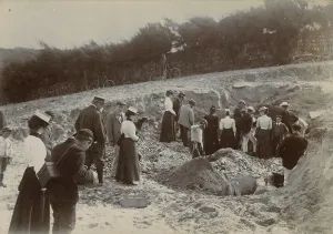 Group at the excavation site of the Iron Age cemetery at Harlyn Bay, St Merryn, Cornwall. 1900
