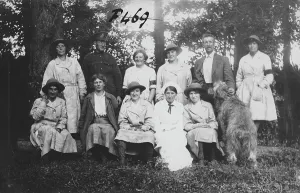Group photograph with members of the First World War Womens Land Army, Tregavethan Farm, Truro, Cornwall. 1917
