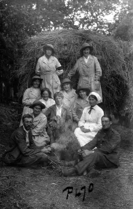 Group photograph with members of the First World War Womens Land Army, Tregavethan Farm, Truro, Cornwall. 1917