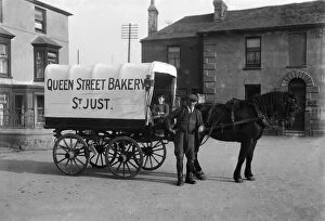 St Just in Penwith Collection: Horse drawn van of the Queen Street Bakery in Bank Square, St Just in Penwith, Cornwall. Early 1900s