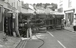 Lorry crash, Lostwithiel, Cornwall. September 1990