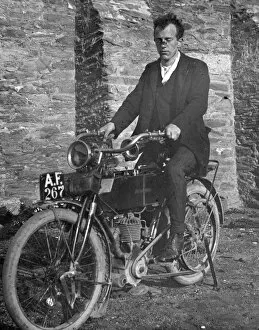 Transport Collection: Motorcycle with rider, Cornwall. Around 1910s