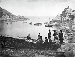 Polperro Collection: The outer harbour approach with boats off Chapel Rock, Polperro, Cornwall. Probably 1860s-1870s