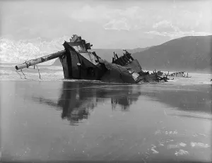 Remains of the French three-masted barque Seine at Perranporth, Cornwall. 1901