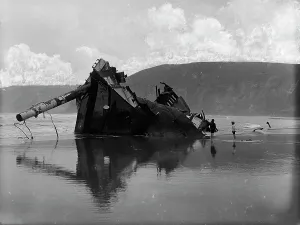 Remains of the French three-masted barque Seine at Perranporth, Cornwall. 1901