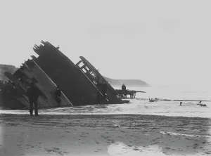 Remains of the French three-masted barque Seine at Perranporth, Cornwall. 1901