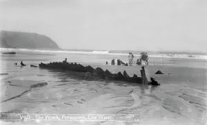 Remains of the French three-masted barque Seine at Perranporth, Cornwall. 1901