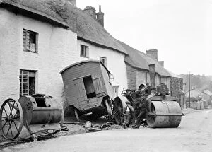 Images Dated 14th August 2017: Steam roller accident in Main Street Grampound, Cornwall. Around 1910-1911