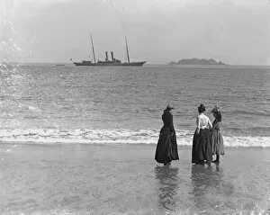 Images Dated 13th June 2019: Unidentified two funnelled steam yacht off Harlyn Bay, St Merryn, Cornwall. Probably early 1900s