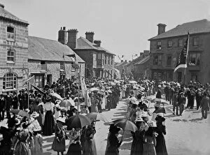 St Just in Penwith Collection: Wesleyan Sunday School procession entering Market Square, St Just in Penwith, Cornwall. Early 1900s