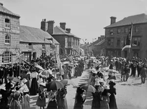 Wesleyan Sunday School procession entering Market Square, St Just in Penwith, Cornwall. Early 1900s