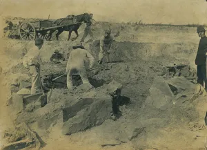 Workmen uncovering a group of cists at the excavation site of the Iron Age cemetery at Harlyn Bay, St Merryn, Cornwall. 1900