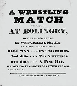 Wrestling Collection: Wrestling match advertisement, Bolingey, Perranzabuloe, Cornwall. 15th May 1839